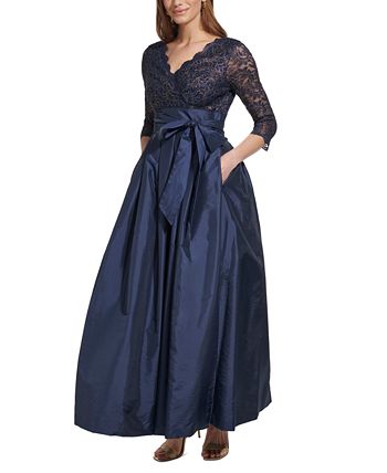 Jessica Howard Color Block V-Neck 3/4 Sleeve Tie Waist Taffeta Ball Gown