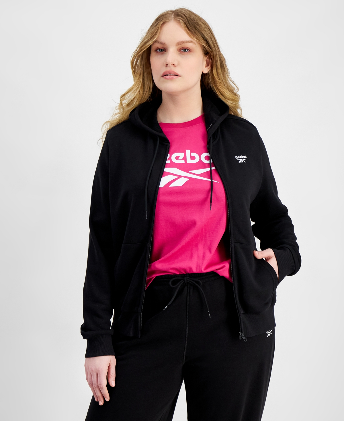 Shop Reebok Plus Size French Terry Zip-front Hoodie In Black