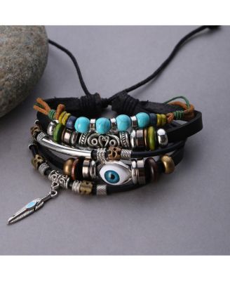Women's Black  Boho Leather Stack Bracelet