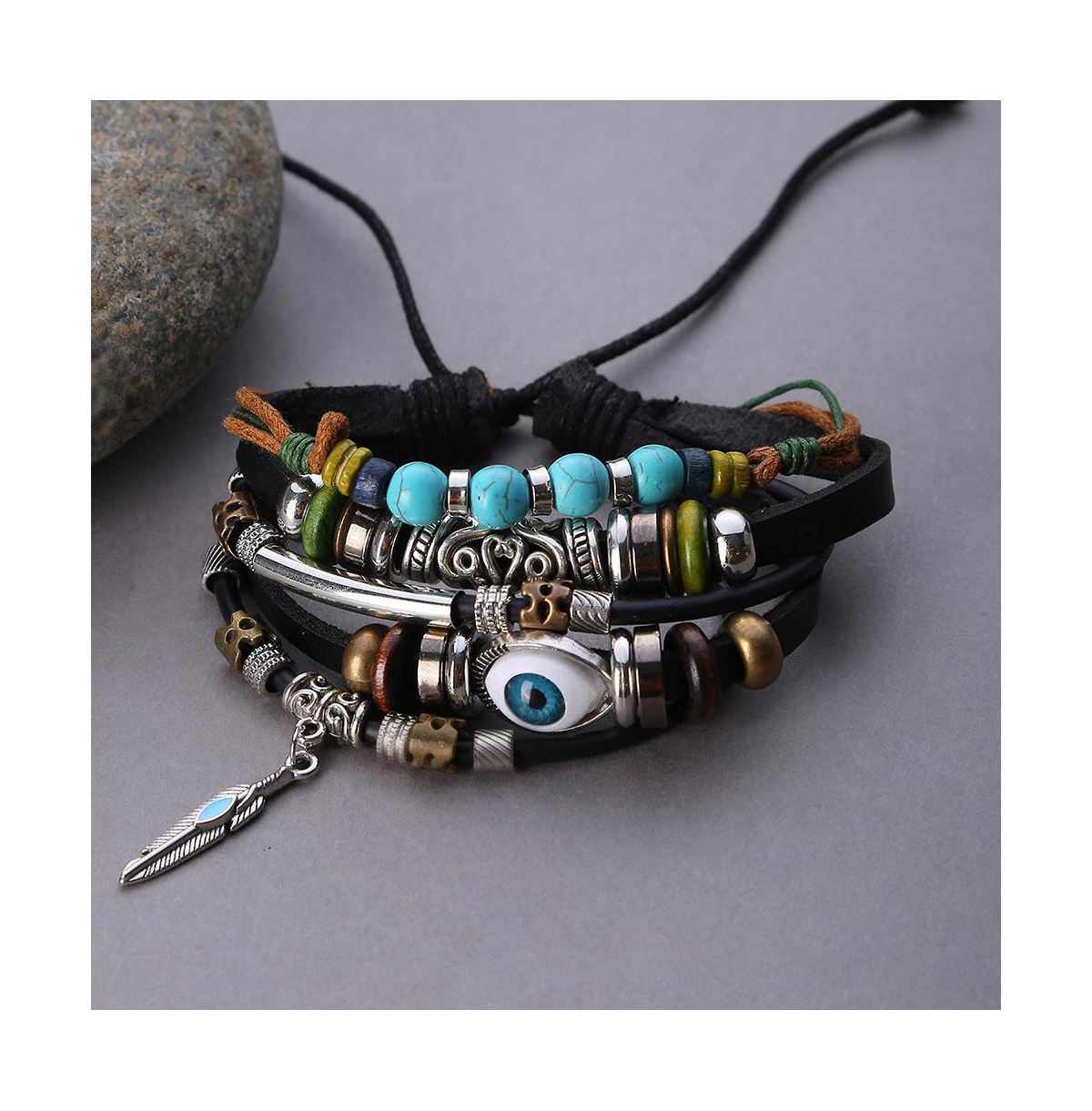 Sohi Women'sBoho Leather Stack Bracelet - Black