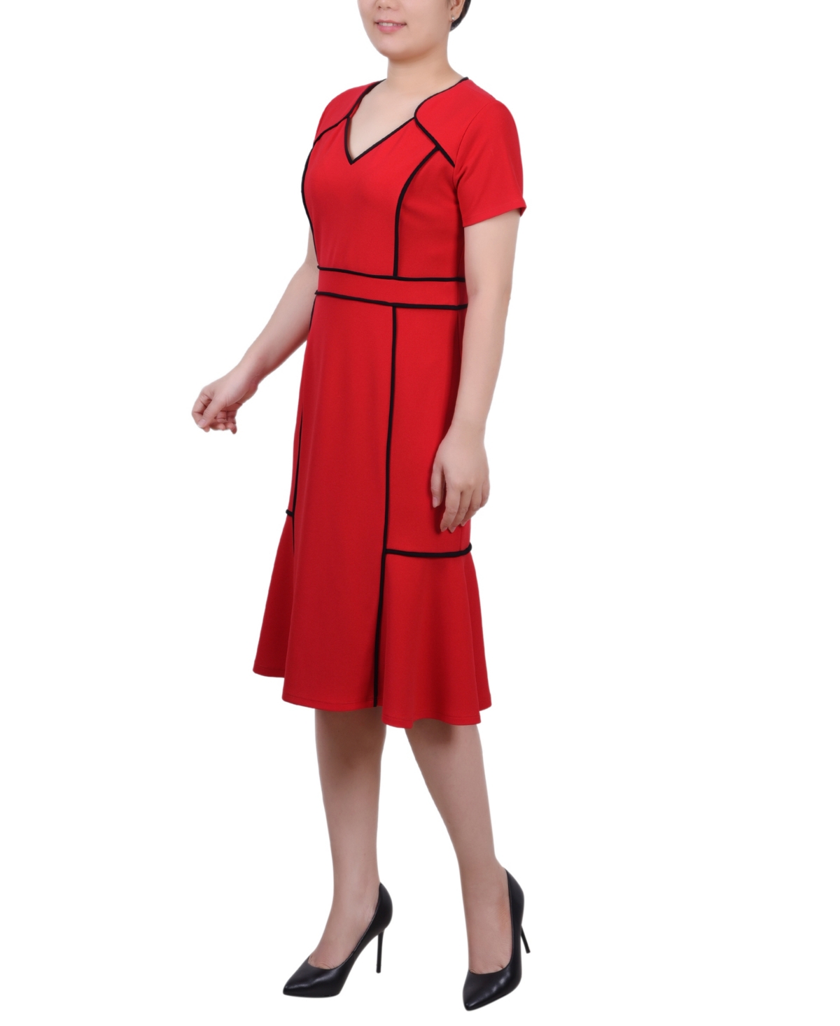 Ny Collection Women's Short Sleeve Piped Detail Dress - Black