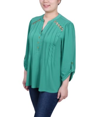 Women's Long Sleeve Pintuck Front Top with Chain Details