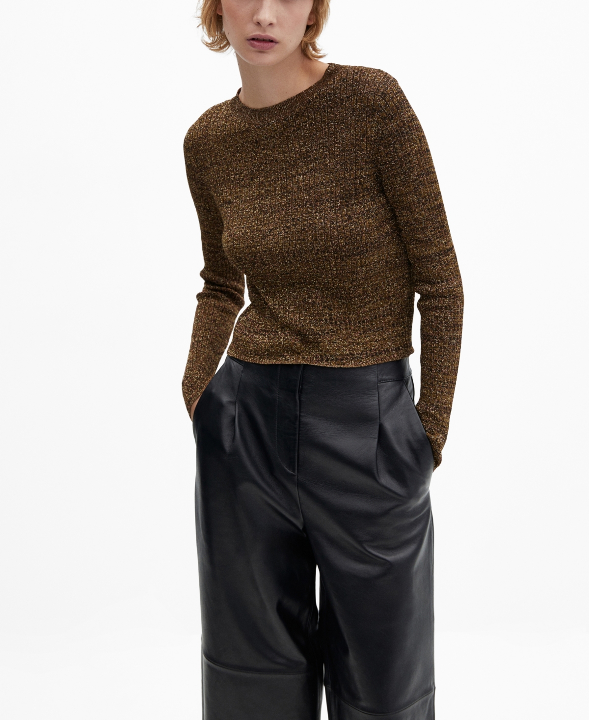 Women's Crewneck Lurex Sweater - Ochre