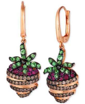 Le Vian - GODIVA x Le Vain Passion Ruby (1/4 ct. t.w.), Forest Green Tsavorite (1/2 ct. t.w.) & Chocolate Diamond (1/2 ct. t.w.) Chocolate-Covered Strawberry Drop Earrings in 14k Rose Gold
