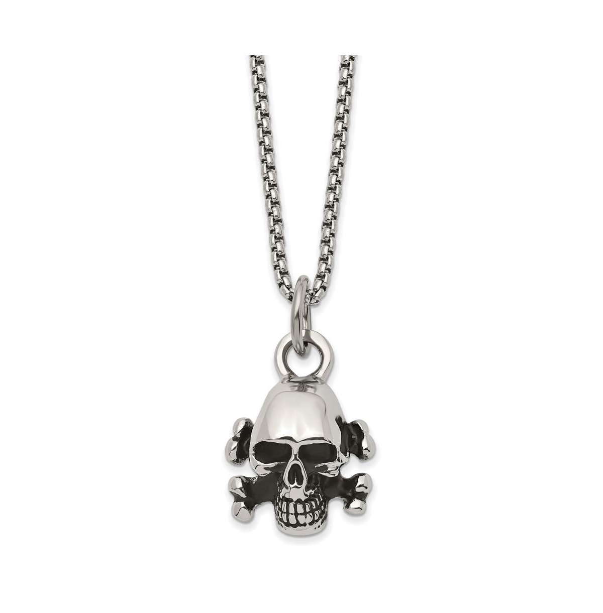 Antiqued Skull and Cross Bones Pendant Box Chain Necklace - Black