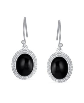 Western Style Black Natural Onyx Milgrain Cable Edge Oval Drop Earrings Sterling Silver Wire Fish Hook