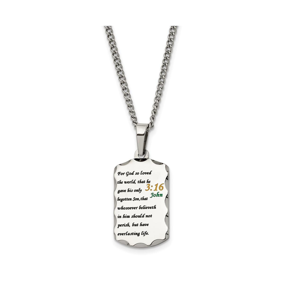 Polished Acid Etched John 3:16 Dog Tag on a Curb Chain Necklace - Silver