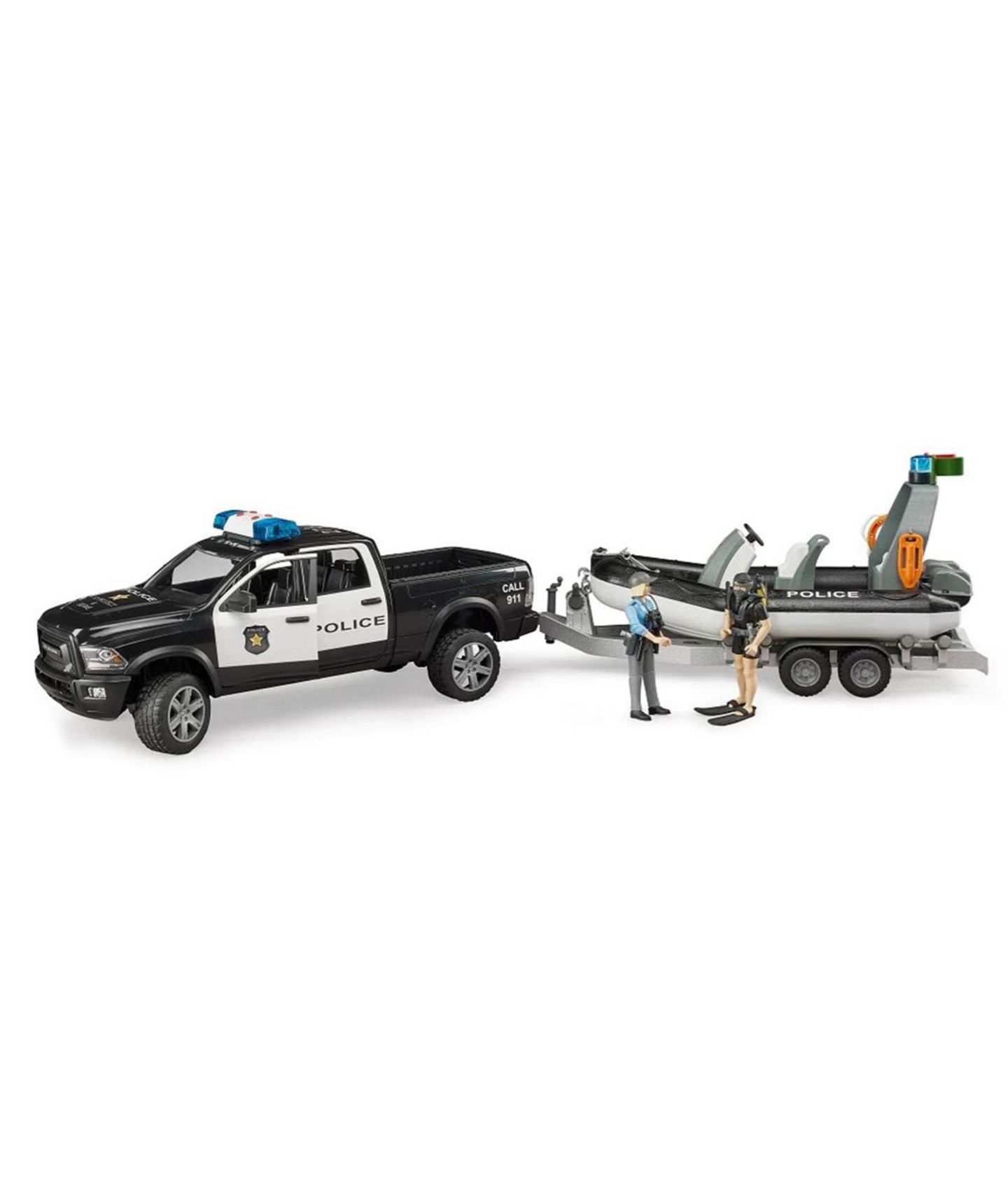 Детские игрушки Bruder 1/16 Ram 2500 Police Pickup Truck with Lights and Sounds, Trailer and Boat, Multi-Piece Set — фото 1
