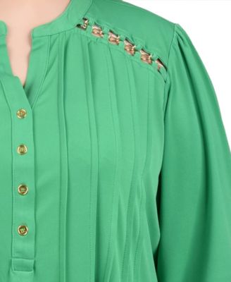 Plus Size Long Sleeve Pintuck Front Top with Chain Details