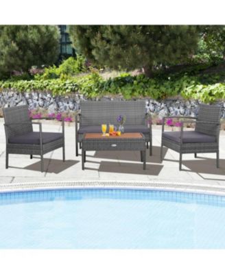 4 Pieces Rattan Patio Conversation Furniture Set with Acacia Wood Tabletop