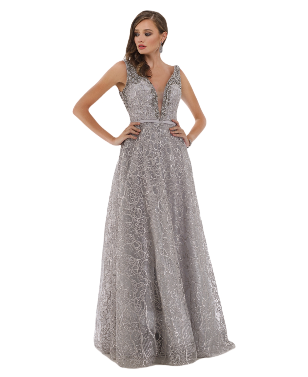 Women's Beaded V Neck lace Ball gown - Silver