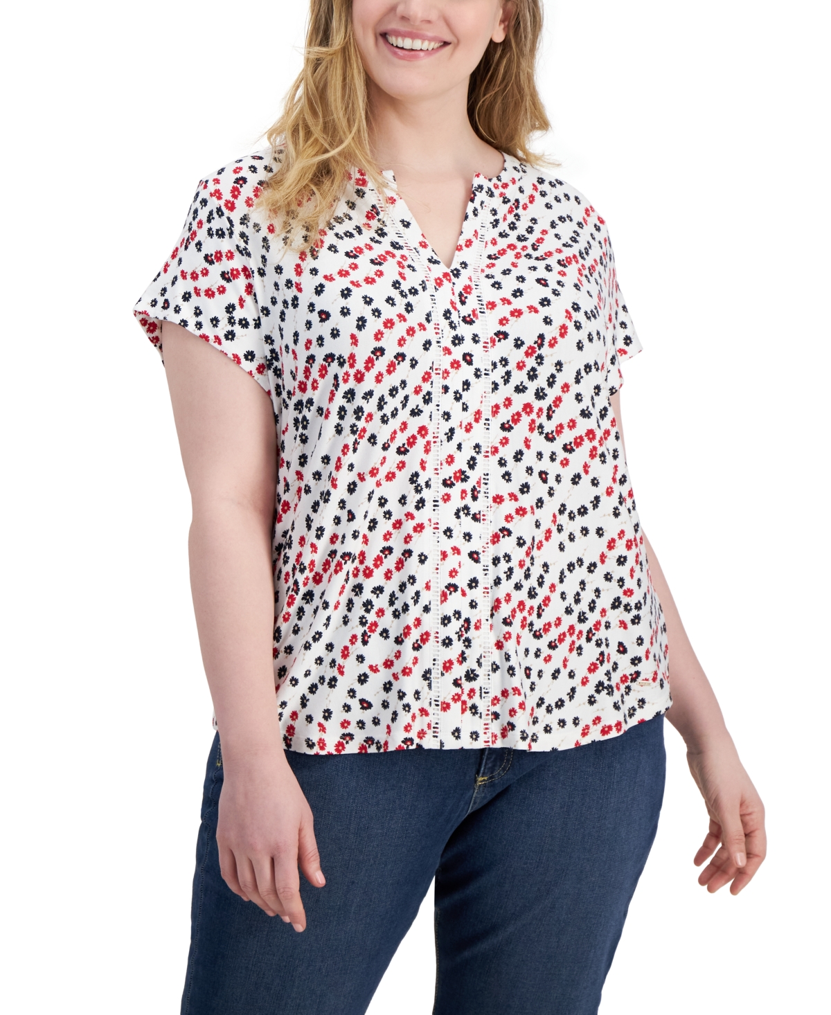 Plus Size Ditsy Floral Cap-Sleeve Top - Scarlet Multi