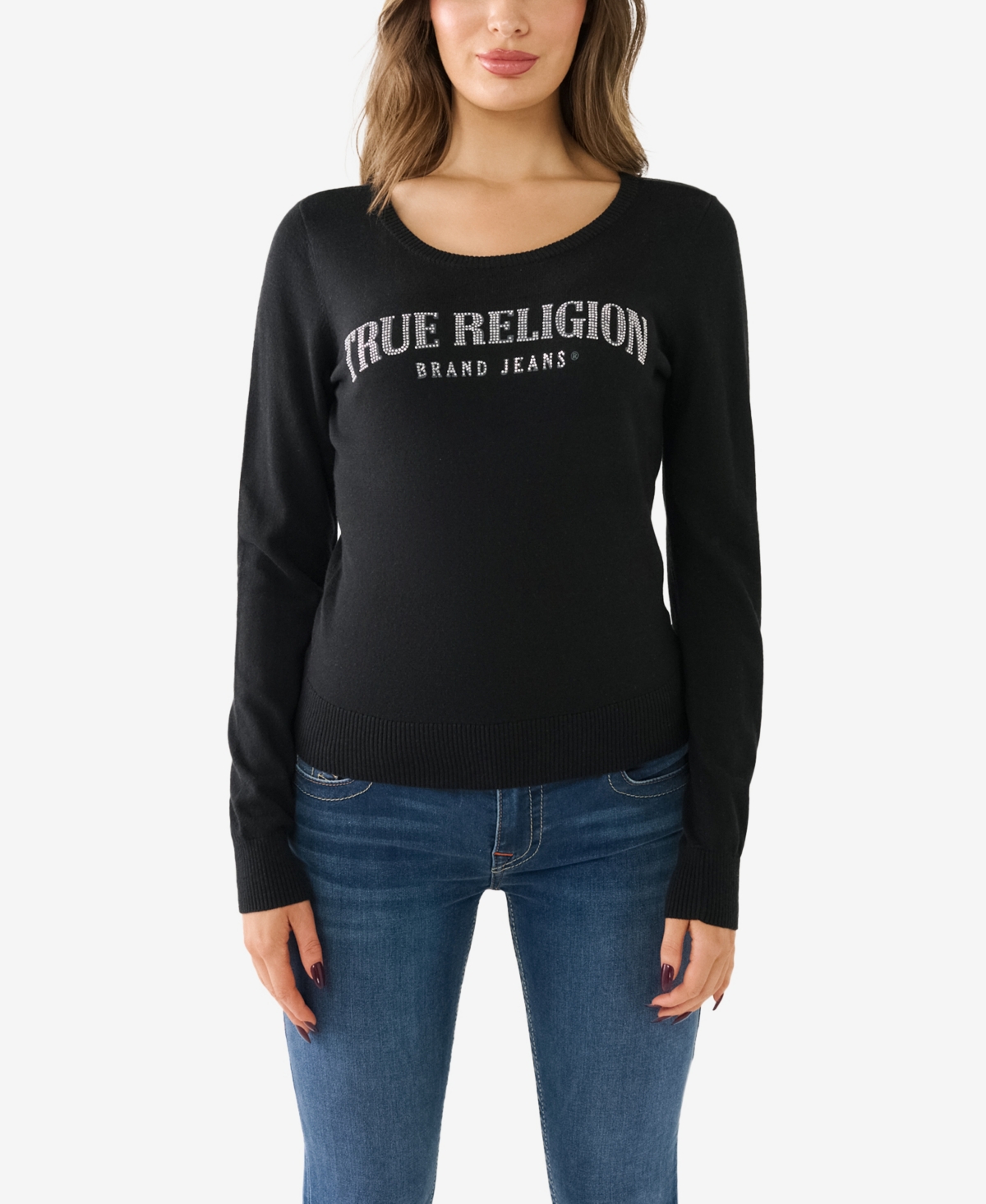 True Religion Women's Crystal Horseshoe Fitted Sweater In Jet Black