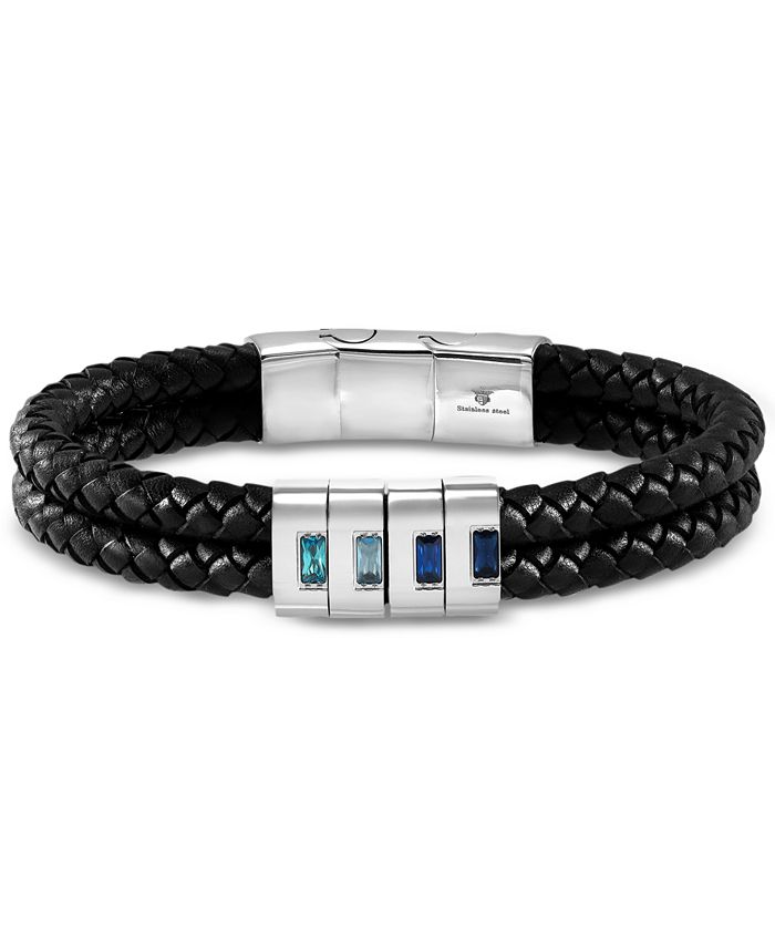 Blackjack Men's Cubic Zirconia Double Strand Leather Bracelet in Stainless Steel Macy's