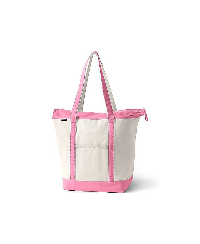 Lands' End Large Natural 5 Pocket Zip Top Long Handle Canvas Tote Bag