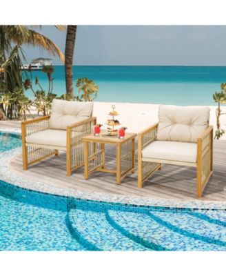 3 Pieces Patio PE Wicker Conversation Set with Acacia Wood Frame and Cushions-Beige