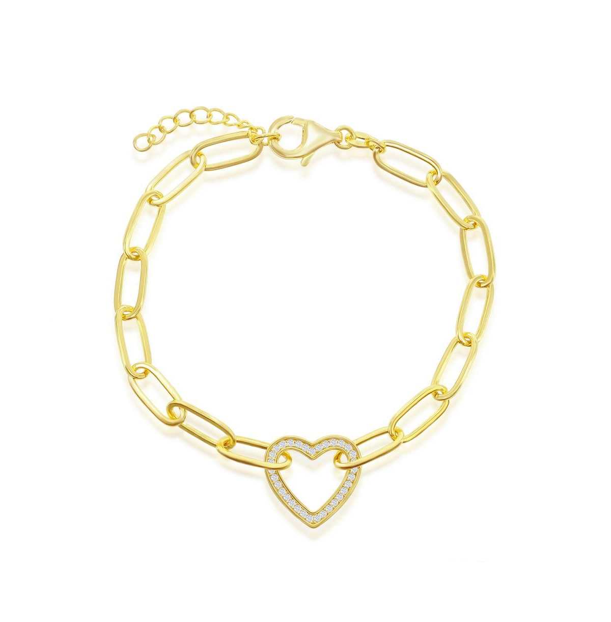 Sterling Silver orPlated Over Sterling Silver Cz Heart Paperclip Bracelet - Gold