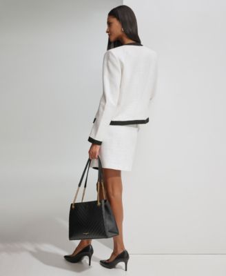 Shop Karl Lagerfeld Womens Open Front Colorblock Tweed Blazer Sweater Knit Short Sleeve Top Colorblock Tweed Mini Skirt In Soft White,black