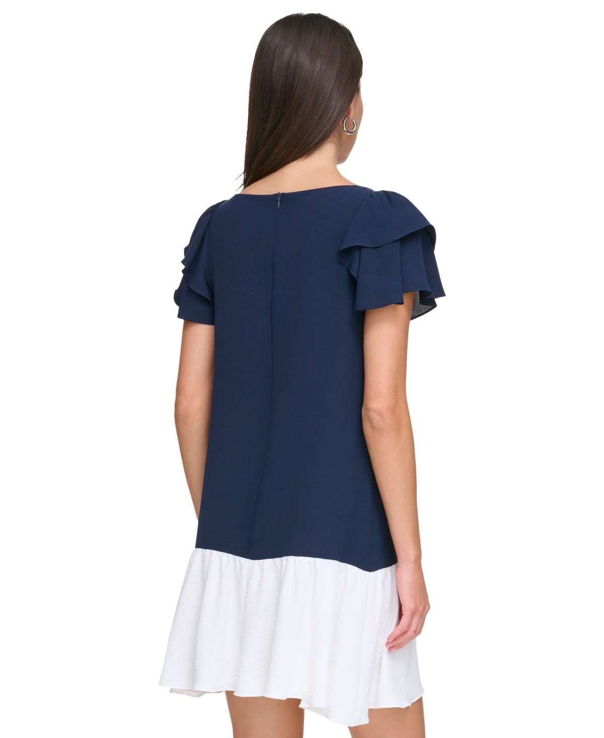 Shop Dkny Women's Colorblocked Flutter-sleeve Dress In Navy,cream