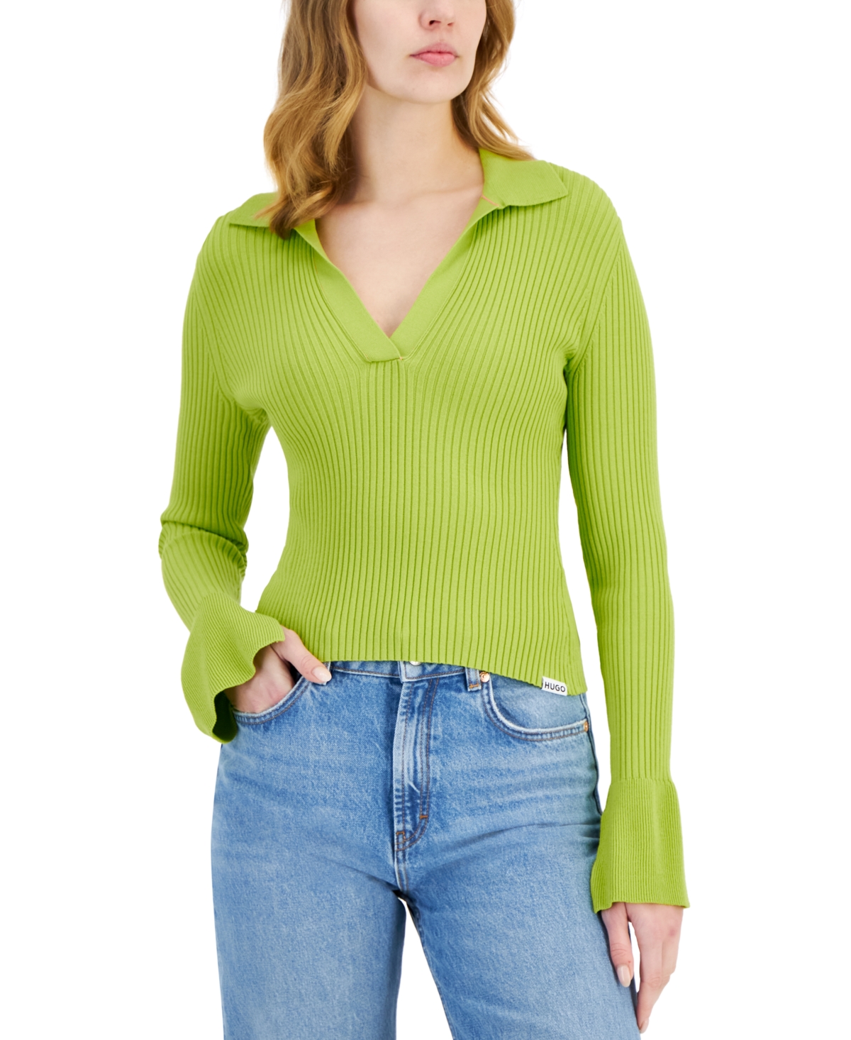 Shop Hugo Women's Ribbed Long-sleeve Collared V-neck Knit Sweater In Bright Green