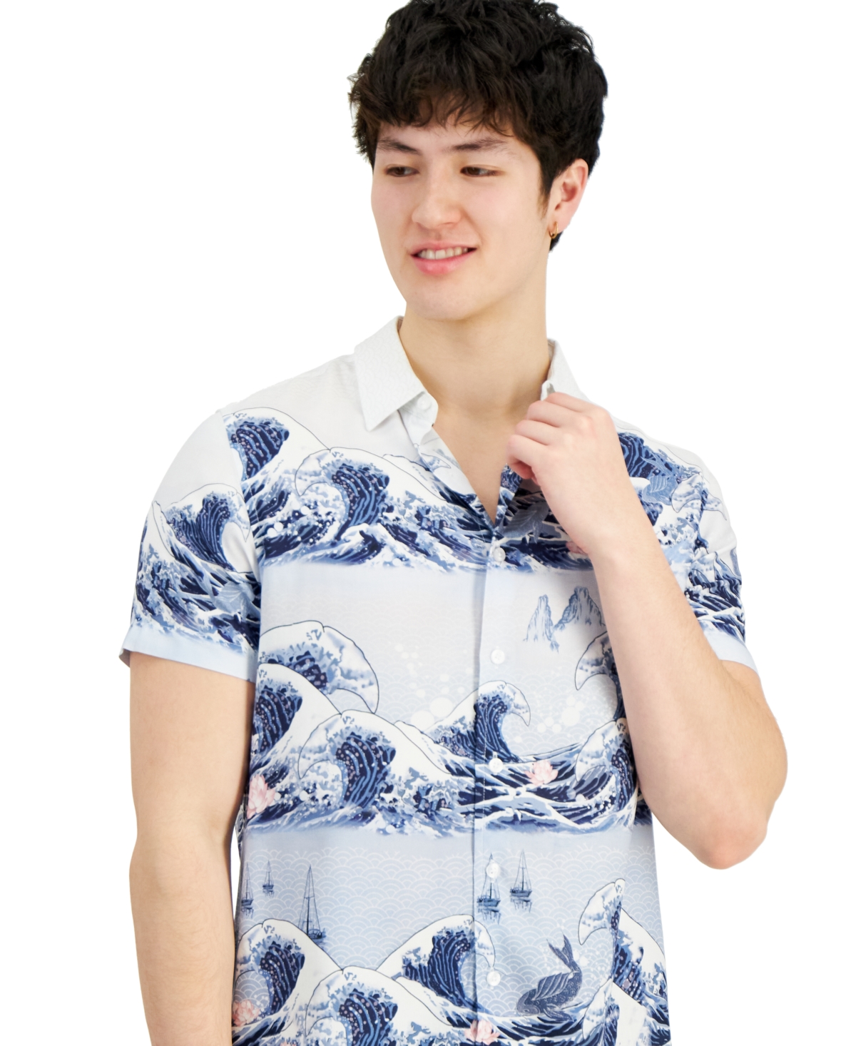 Shop Guess Men's Wave-print Short-sleeve Button-down Shirt In Pacific Wave