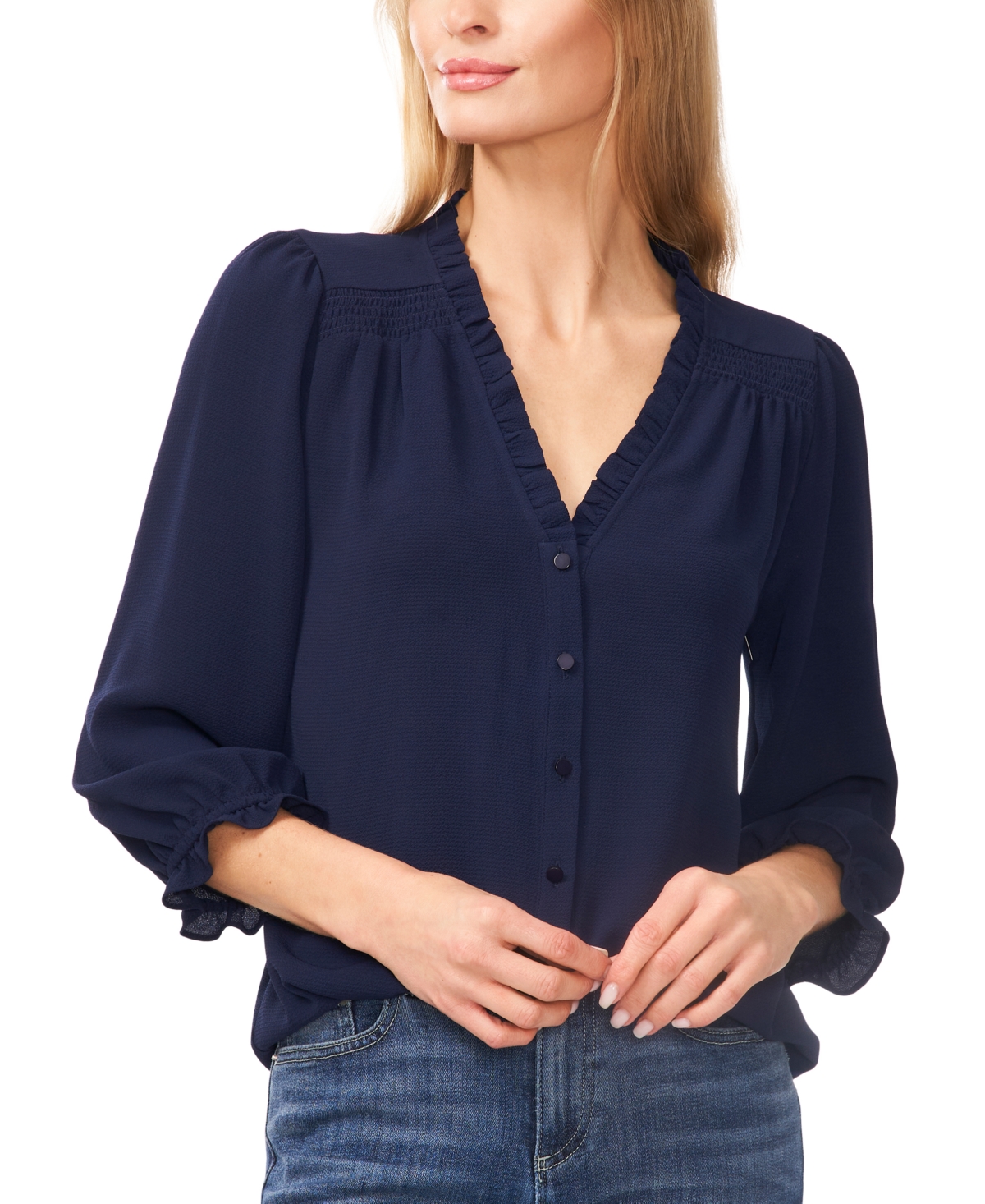 Cece Women's Ruffled Button Front 3/4-sleeve Blouse In Navy J