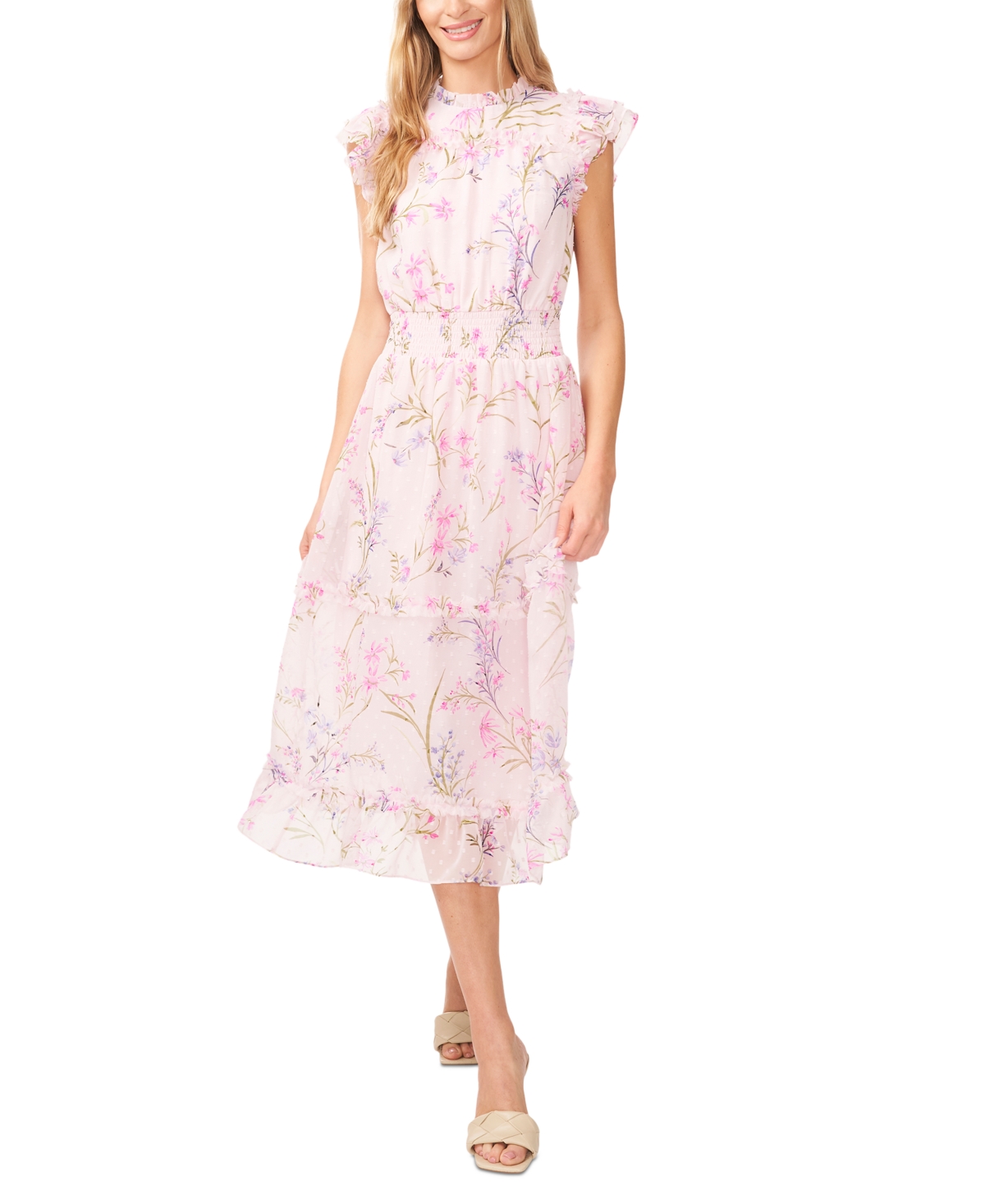 Cece Floral Clip Dot Smocked Ruffle Midi Dress In Corsage