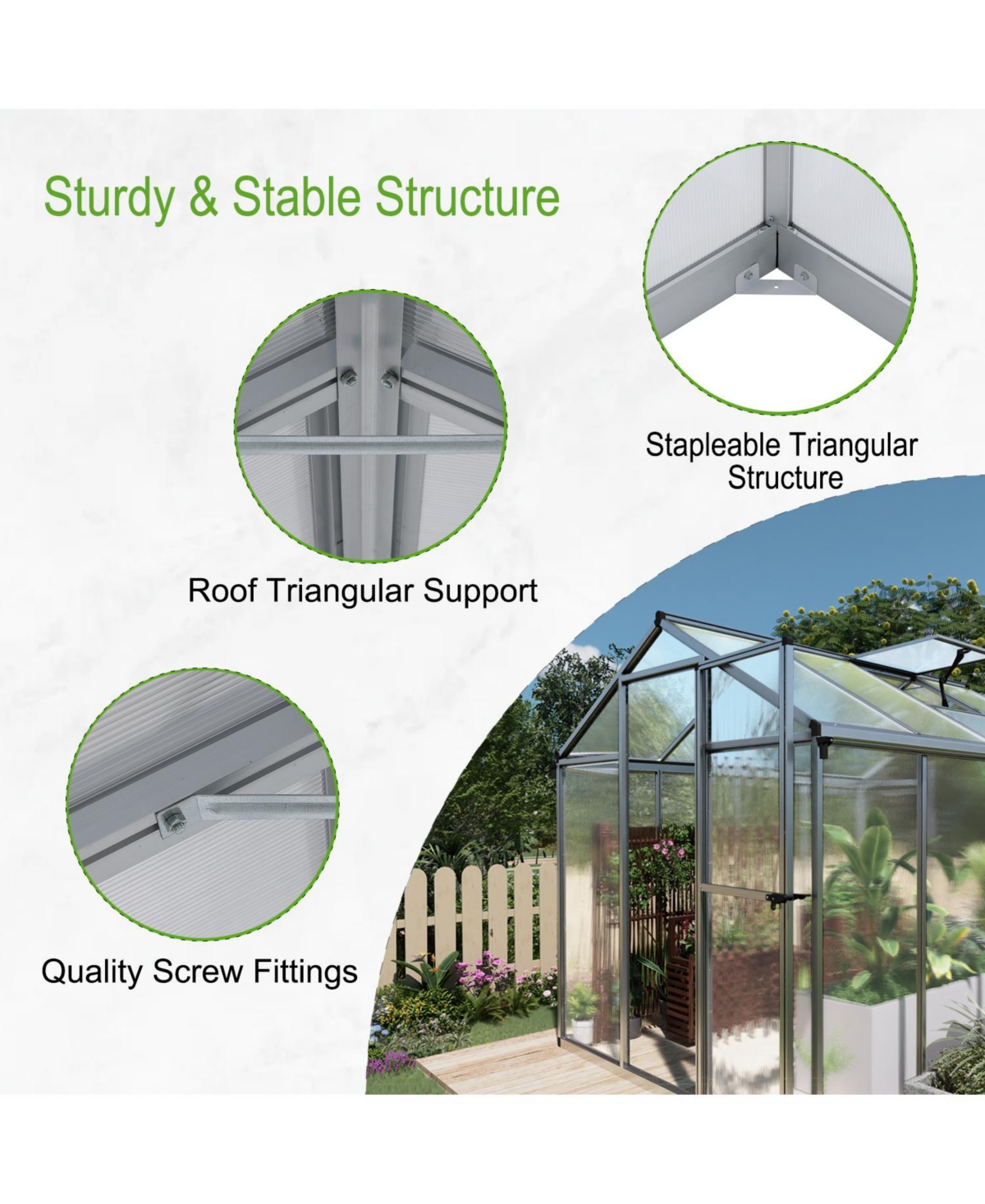 Aoodor 77''x120''x81'' Walk-in Greenhouse Polycarbonate Panel Hobby Greenhouses with Aluminum Frame Heavy Duty with 2 Vent Windows & Lockable Door for