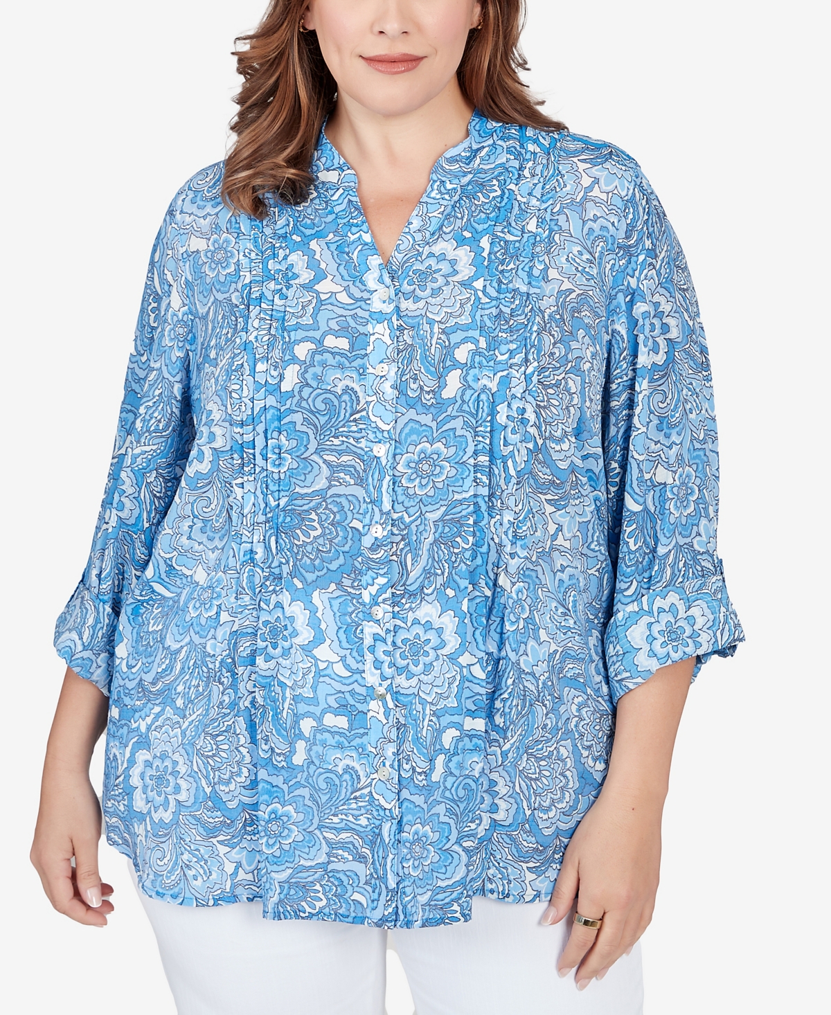 Ruby Rd. Plus Size Button Front Silky Gauze Floral Print Shirt In Baltic Multi