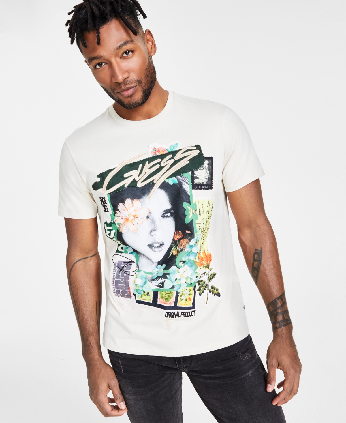 Guess Men's Botanical Collage T-shirt In Pearl White Multi