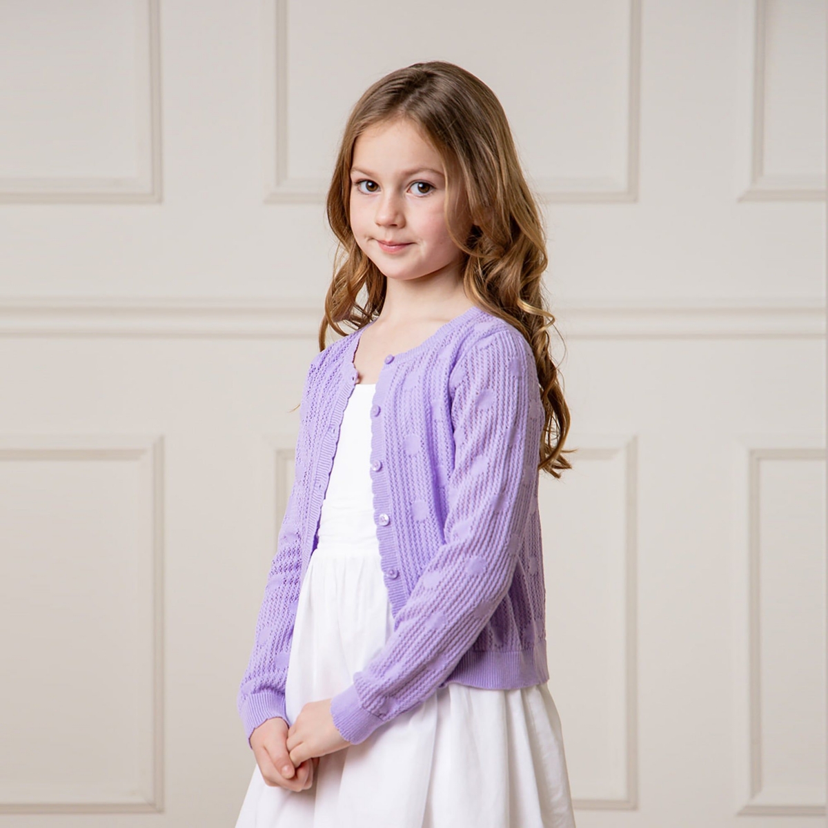 Hope & Henry Girls' Scallop Edge Mesh Dot Cardigan