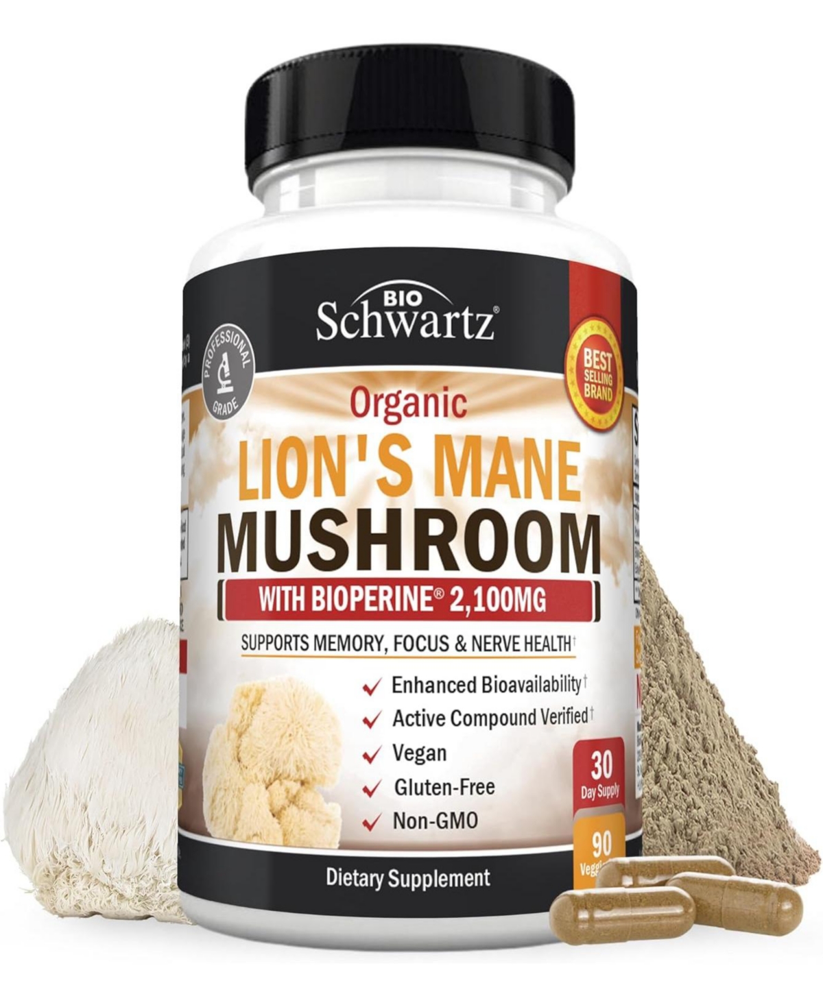 Organic Lions Mane Mushroom Supplement - 2,100mg - Mental Clarity, 90ct