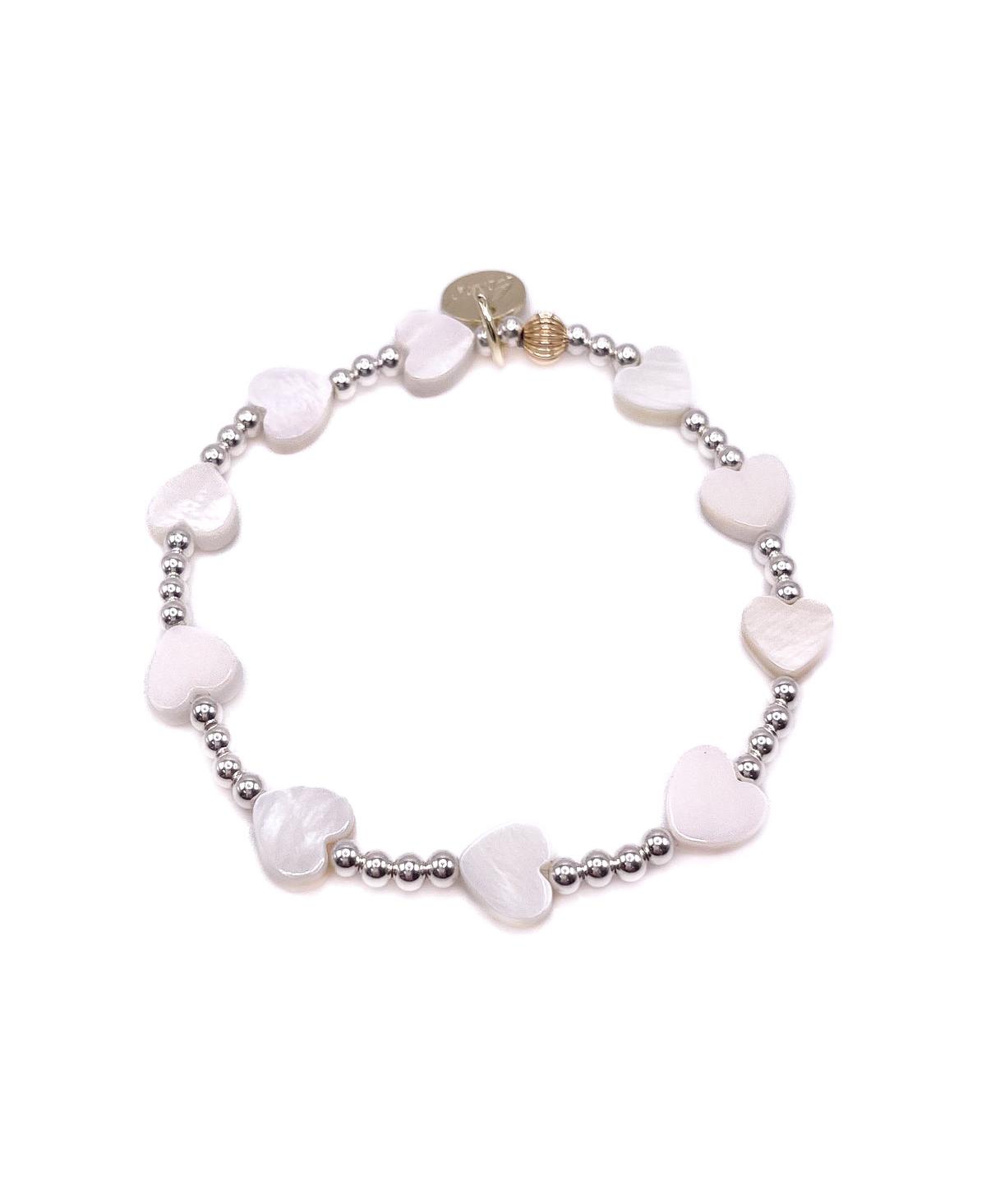 3mm Sterling Silver Ball and Mother of Pearl Heart Stretch Bracelet - Silver