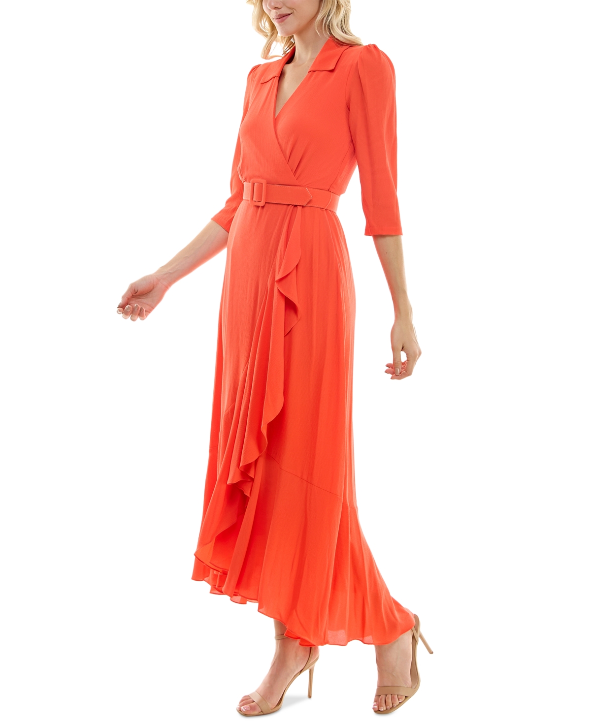 Shop Maison Tara Women's Collared 3/4-sleeve Ruffle-trim Maxi Dress In Orange