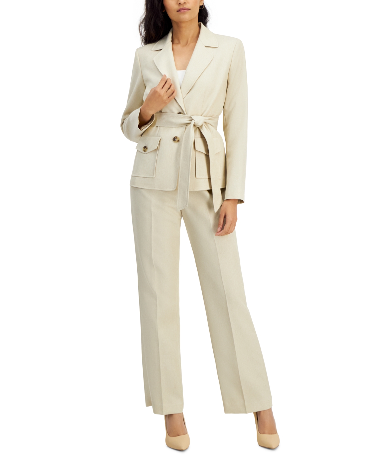 Women's Belted Safari Jacket and Kate Pants, Regular & Petite Sizes - Light Grey Multi