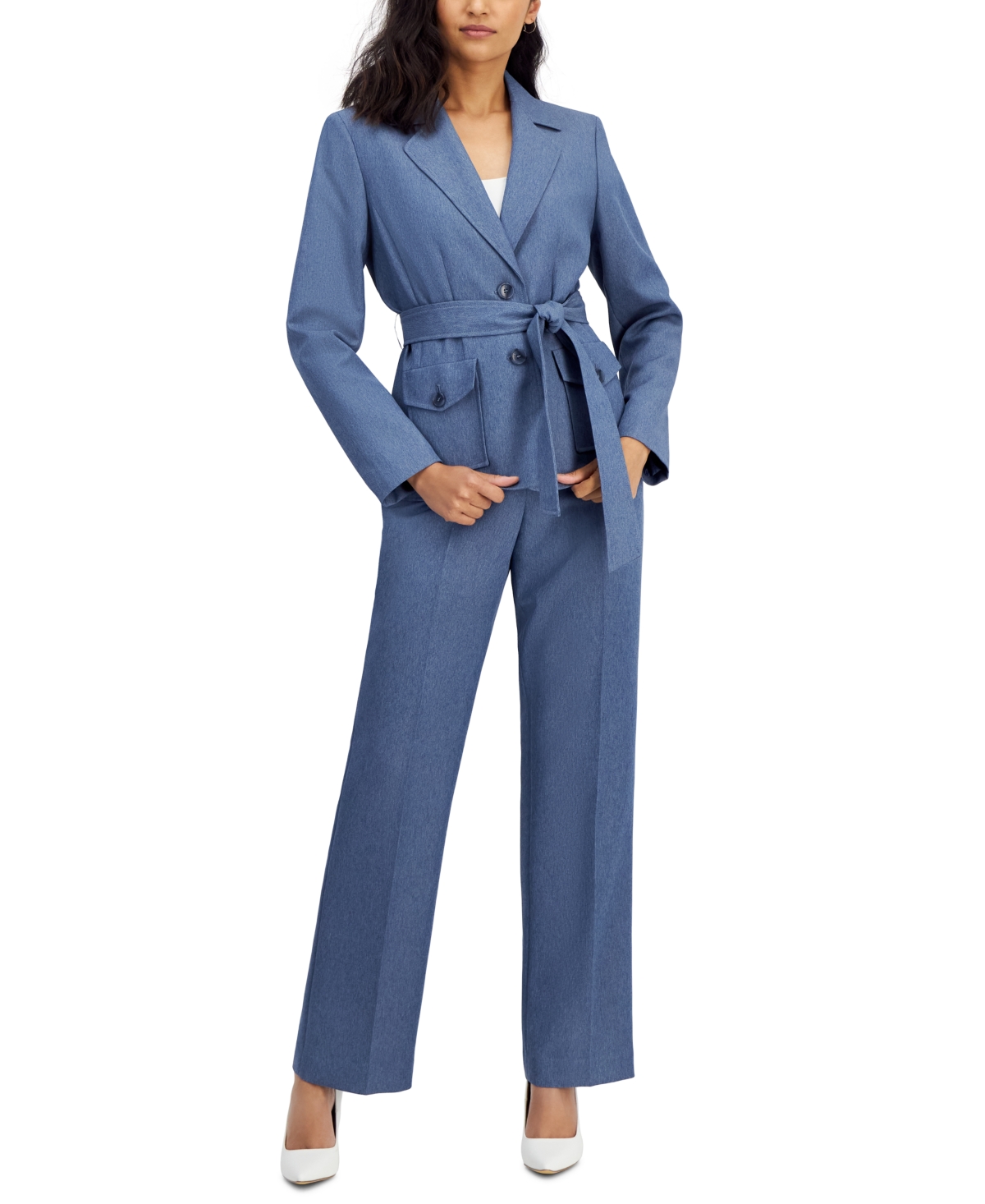 Le Suit Women's Belted Safari Jacket And Kate Pants, Regular & Petite Sizes In Light Blue Multi