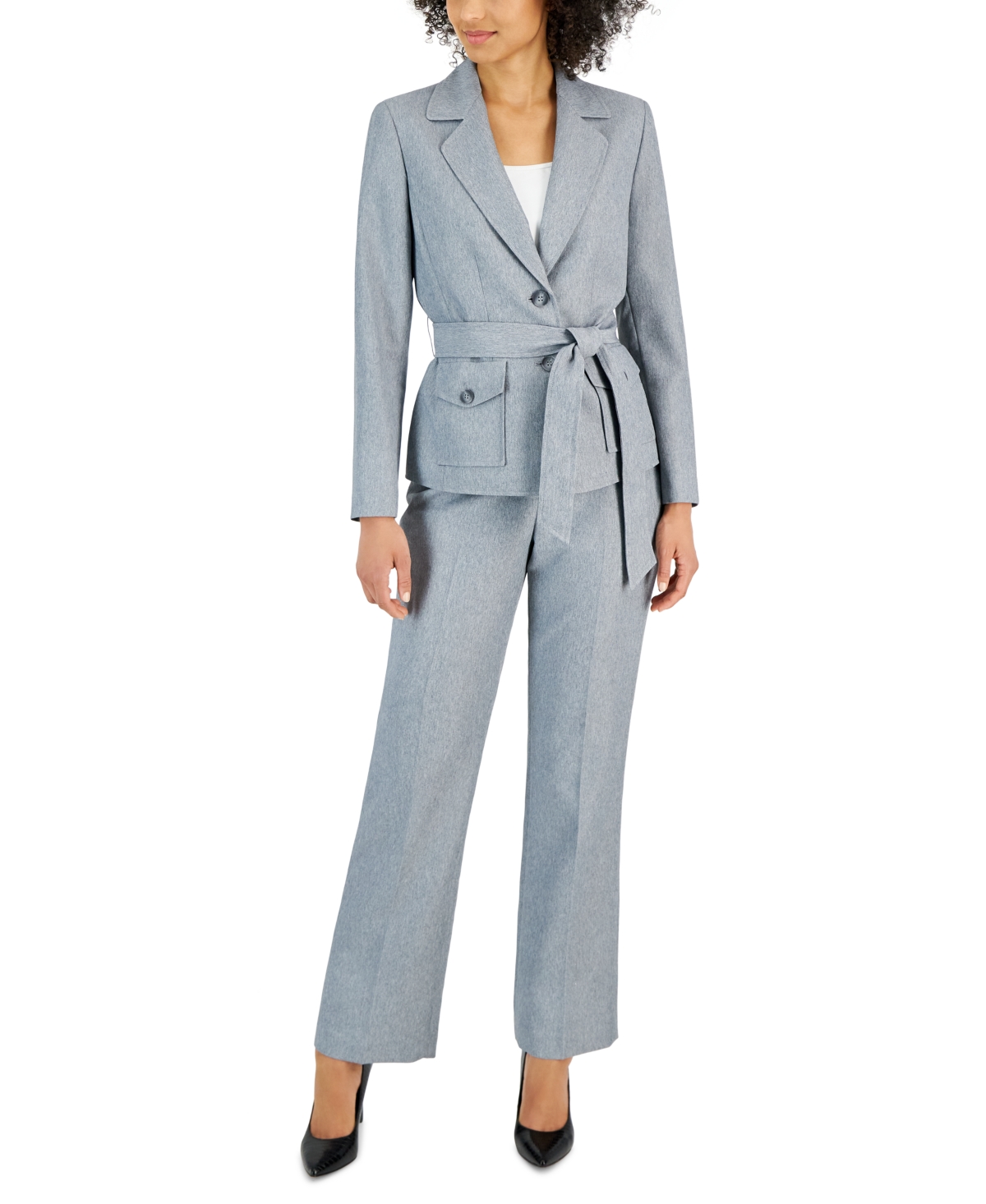 Le Suit Women's Belted Safari Jacket And Kate Pants, Regular & Petite Sizes In Light Grey Multi
