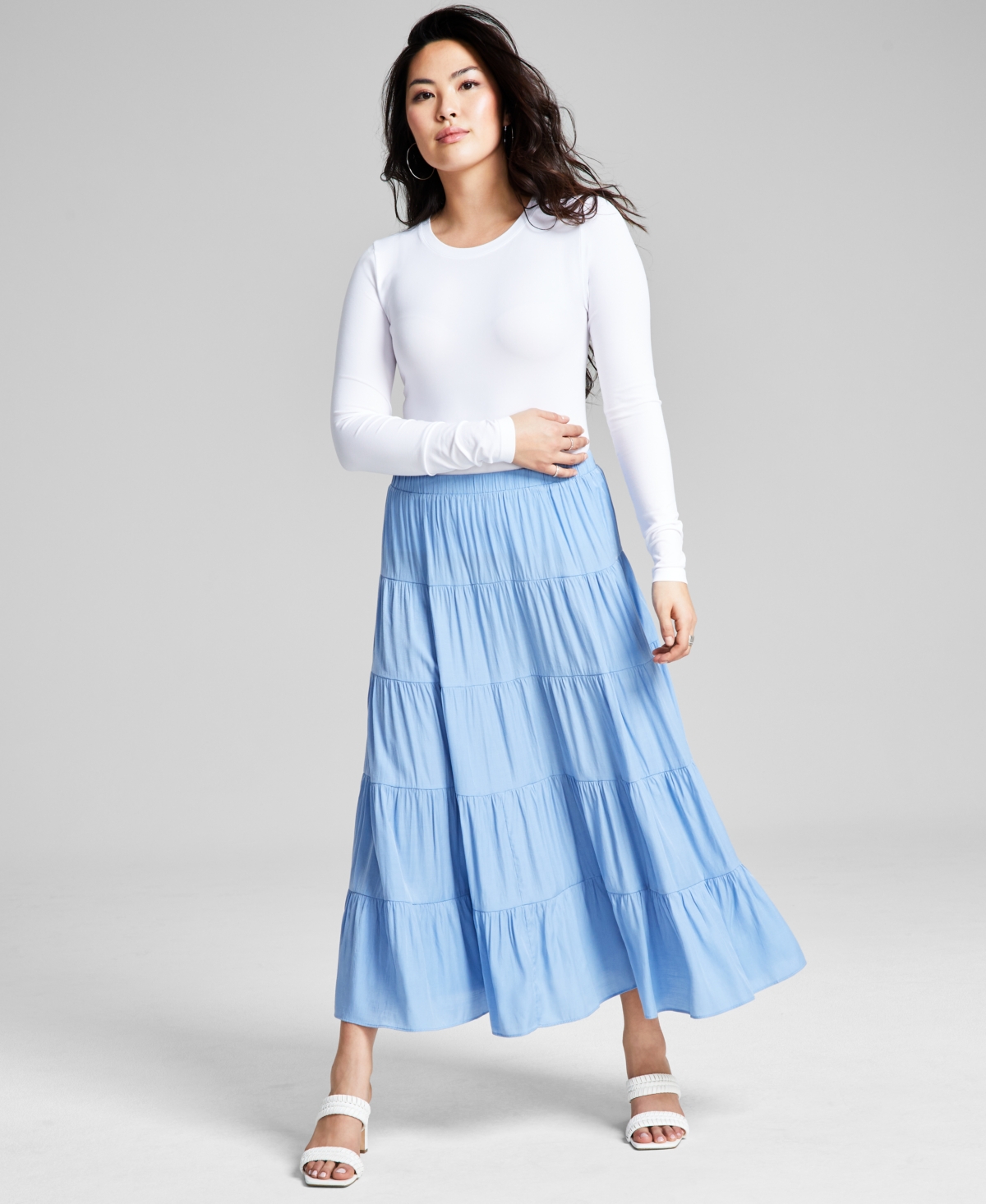 Shop And Now This Women's Pull-on Tiered Maxi Skirt In Clean Chambray
