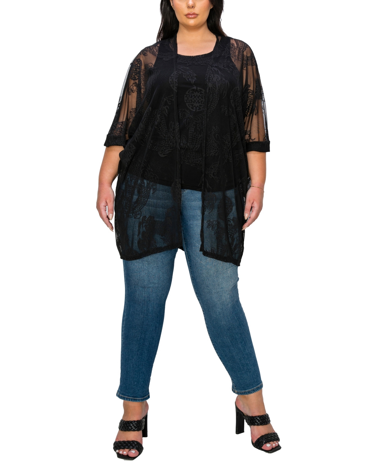 Coin 1804 Plus Size Dragon Print Mesh Roll Sleeve Kimono Top