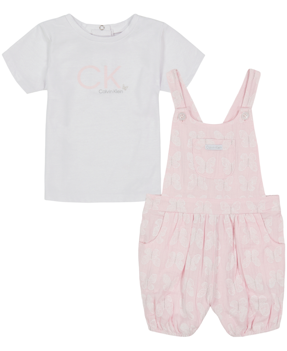 Shop Calvin Klein Baby Girls Jersey Logo T-shirt And Butterfly Print Muslin Shortalls Set In Pink