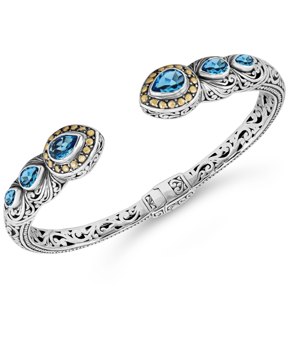 Blue Topaz & Bali Filigree Cuff Bracelet in Sterling Silver and 18K Gold - Blue topaz