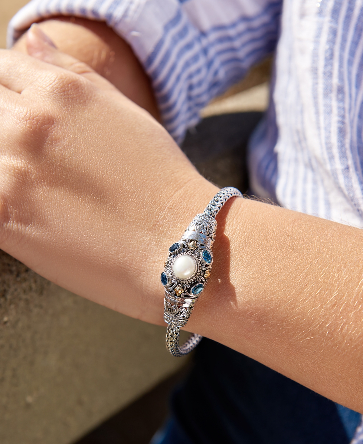 & Freshwater Cultured Pearl Bali Filigree with Dragon Bone Chain Bracelet in Sterling Silver and 18K Gold - Blue topaz