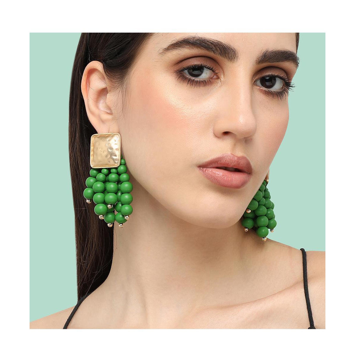 Sohi Women's Green Beaded Cluster Drop Earrings