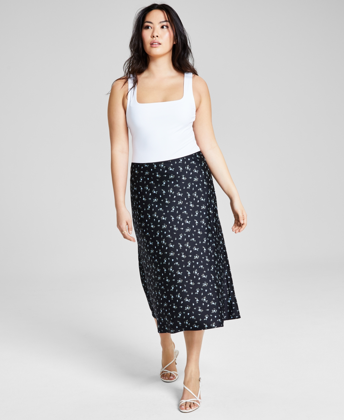 Shop And Now This Woman's Floral-print Satin Midi Skirt, Created For Macy's In Black,blue