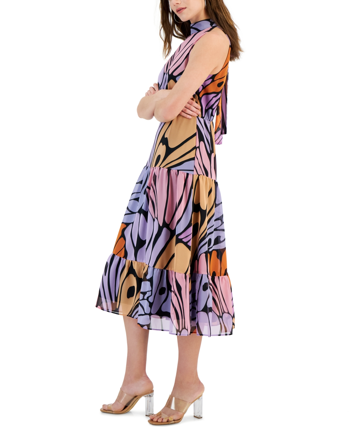 Shop Sam Edelman Women's Butterfly High-neck Tie-back Midi Dress In Lavender Multi