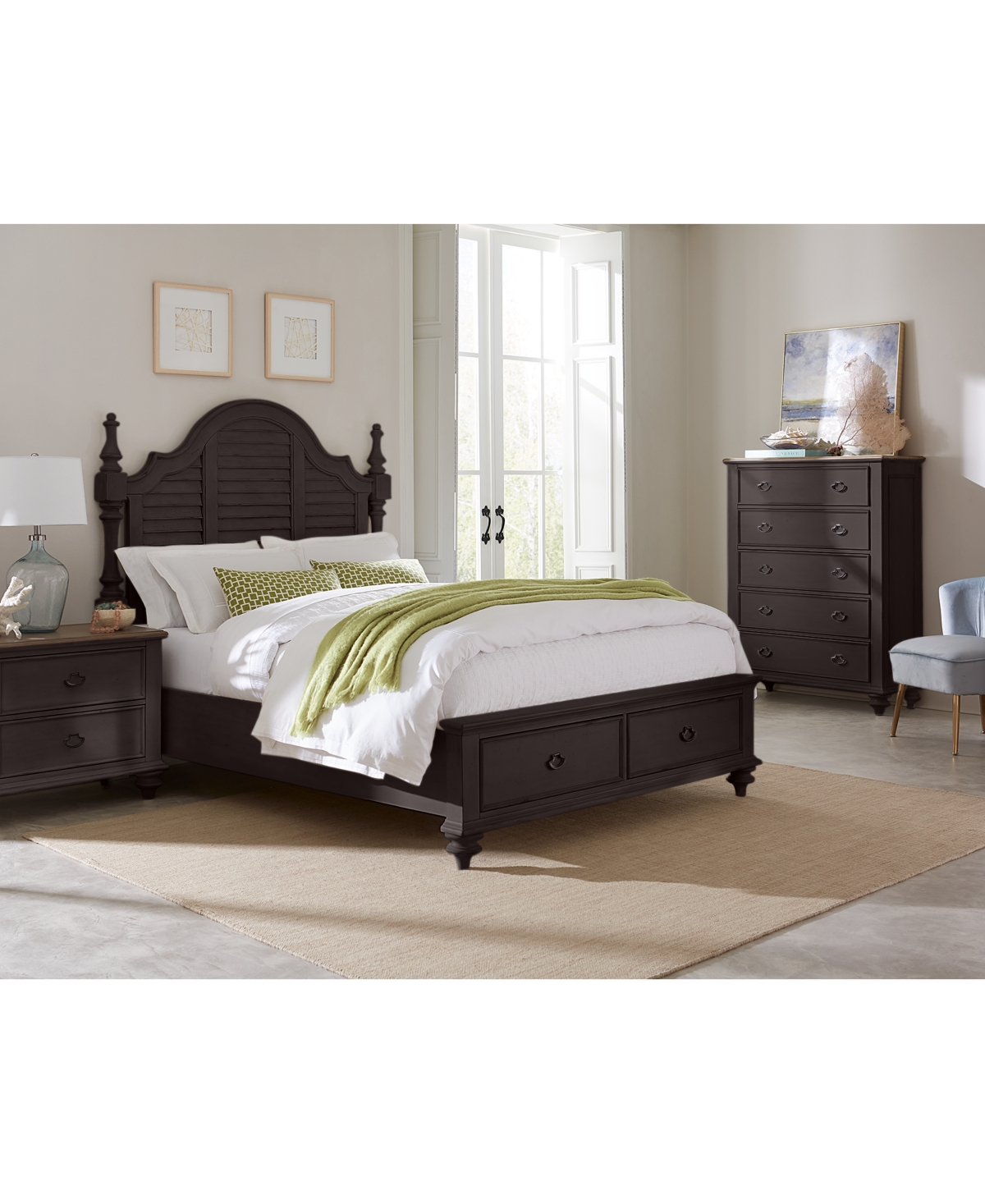 Macy's Mandeville 3pc Bedroom Set (louvered California King Storage Bed + Drawer Chest + 2-drawer Nightstan In Brown