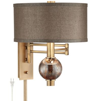 Modern Swing Arm Wall Lamp Painted Polished Brass Plug-In Light Fixture Dark Taupe Drum Shade for Bedroom Living Room