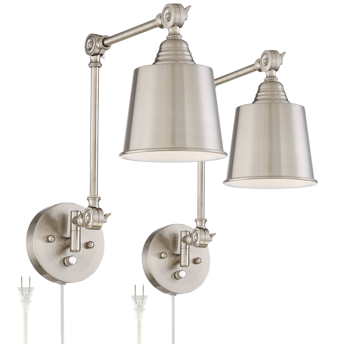 Mendes Modern Industrial Adjustable Swing Arm Wall Lamps with Cord Set of 2 Brushed Nickel Plug In Light Fixture Dimmable Metal Shade Bedroom Bedside