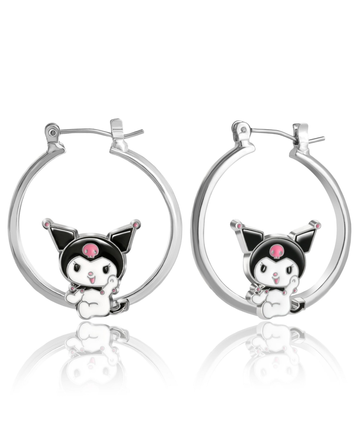 Sanrio Hello Kitty Women's Enamel Plated Hoop Earrings Officially Licensed - Kuromi - Silver tone, black