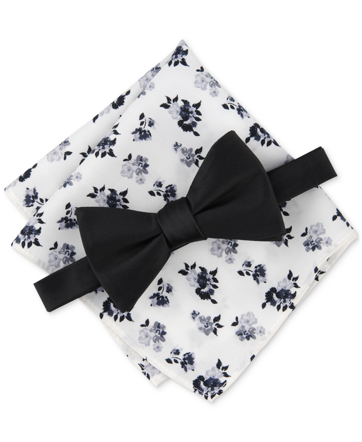 Bar Iii Men's Davlyn Solid Bow Tie & Floral Pocket Square Set, Created For Macy's In Black